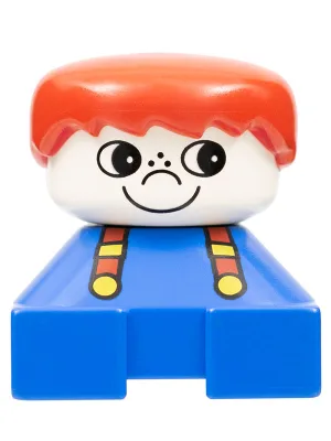 Duplo 2x2x2 Figurenstein, blauer Sockel mit Hosenträgern, weißer Kopf mit Sommersprossen auf der Nase, rotes Männerhaar