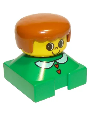 Duplo 2 x 2 x 2 figuurblokje, groene basis met witte kraag en rode hartvormige knopen, geel hoofd, donkeroranje vrouwelijk haar