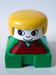 Duplo 2x2x2 Figurenstein, grüne Basis mit rostfarbenem Overall und Schraubenschlüssel-Motiv, weißer Kopf mit Wimpern, gelbes weibliches Haar