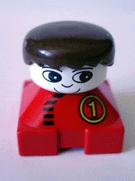 Duplo 2x2x2 Figurenstein, roter Sockel mit Rennmuster Nr. 1, weißer Kopf, schwarzes Männerhaar