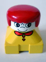 Duplo 2x2x2 Figurenstein, gelber Sockel mit rotem Kragen und roten Herzknöpfen, weißer Kopf mit Wimpern, rotes weibliches Haar