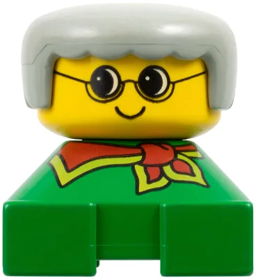 Duplo 2 x 2 x 2 figuurblokje, grootmoeder, groene basis, grijs haar, geel gezicht