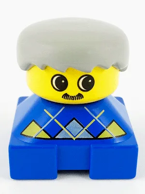 Duplo 2x2x2 Figurenstein, blauer Sockel mit gelbem Rautenmuster, gelber Kopf mit Schnurrbart, hellgraues Männerhaar