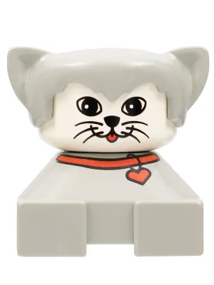 Duplo 2x2x2 Figurenstein, Katze, hellgrauer Sockel mit rotem Halsband, hellgraues Fell, weißes Gesicht