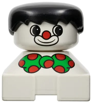 Duplo 2 x 2 x 2 Figurenstein, Clown, weißer Sockel, grüne Schleife mit roten Punkten, schwarze Haare, weißes Gesicht mit roter Nase