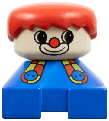 Duplo 2 x 2 x 2 figuurblokje, clown, blauwe basis met knoopsluiting, wit hoofd, rood mannenhaar