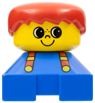 Brique Duplo 2 x 2 x 2, figurine, base bleue avec bretelles, tête jaune souriante avec taches de rousseur au-dessus du nez, cheveux roux (75414)