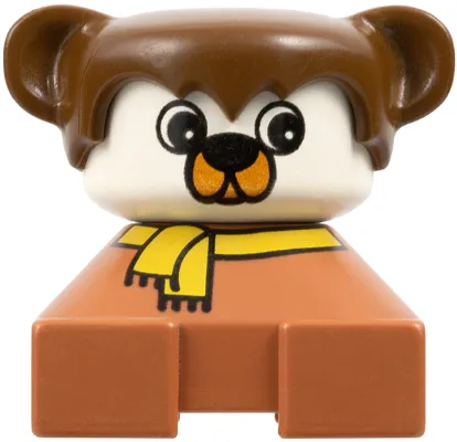 Duplo 2x2x2 Figurenstein, Hund, Fabuland brauner Sockel mit gelbem Schal, braunes Fell mit Ohren, weißes Hundegesicht