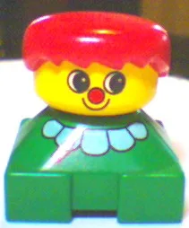 Brique Duplo 2 x 2 x 2, figurine de clown, socle vert avec col blanc, tête jaune avec nez rouge, cheveux roux