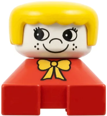 Duplo 2x2x2 Figurenstein, roter Sockel mit gelber Schleife, weißer Kopf mit Wimpern und Sommersprossen, gelbe Haare