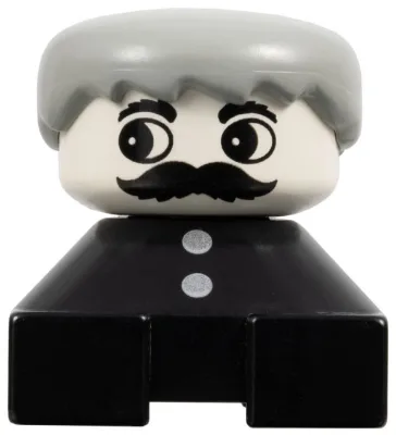 Duplo 2 x 2 x 2 figuurblokje, zwarte basis met twee knopjes, grijs haar, wit gezicht met snor.