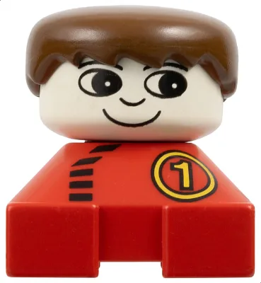 Duplo 2 x 2 x 2 figuursteen, rode basis met nummer 1 raspatroon, wit hoofd, bruin mannelijk haar