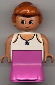 Duplo-figuurtje, dame, donkerroze jurk, kanten topje met blauwe bloem