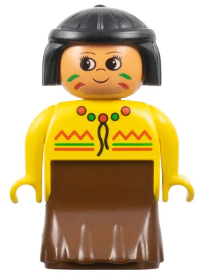 Duplo-Figur, weibliche Dame, braunes Kleid, gelbes Oberteil, schwarze Haare (Indianerin)