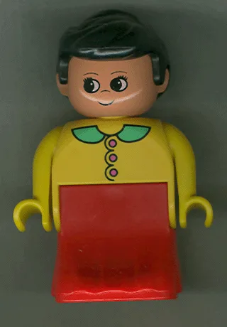 Figurine Duplo, femme, robe rouge, haut jaune et col vert