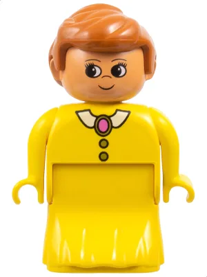 Duplo-Figur, weibliches Mädchen, gelbes Kleid, gelbes Oberteil, weißer Kragen und dunkelrosa Brosche