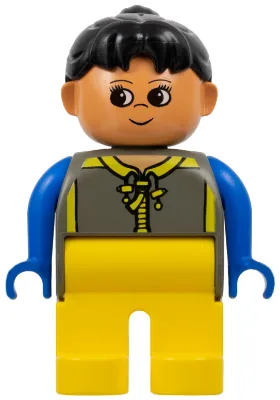 Duplo-Figur, weiblich, gelbe Beine, dunkelgraues Oberteil mit gelbem Reißverschluss und blauen Armen, schwarzer Pferdeschwanz