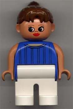 Duplo-figuurtje, vrouwelijk, witte benen, blauw gestreept topje, nougatkleurige armen, paardenstaart