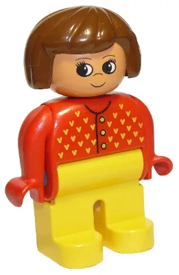 Duplo-Figur, weiblich, gelbe Beine, roter Pullover mit gelber V-Naht, braunes Haar, Stupsnase (75496)