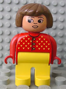 Duplo-Figur, weiblich, gelbe Beine, roter Pullover mit gelber V-Naht, braunes Haar, Stupsnase