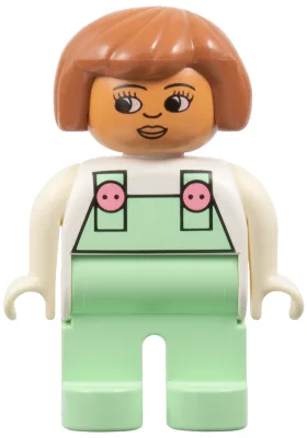 Duplo-Figur, weiblich, hellgrüne Beine, weißes Oberteil mit hellgrüner Latzhose mit rosa Knöpfen, fabelhaftes braunes Haar (Patty)