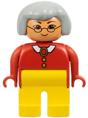 Figurine Duplo - Femme adulte, jambes jaunes, haut rouge à col, boutons et motif broche, cheveux gris clair, tête couleur nougat (75500)