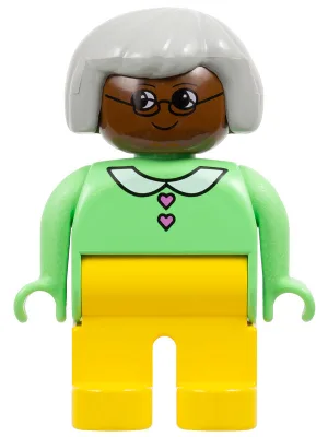 Figurine Duplo - Femme adulte, jambes jaunes, haut vert moyen à col et boutons en forme de cœur, cheveux gris clair, tête brune (75506)