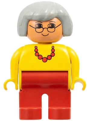 Duplo-figuurtje, vrouwelijk, rode benen, geel topje met rode ketting, lichtgrijs haar, bril