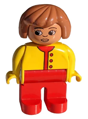 Duplo-Figur, weiblich, rote Beine, gelbes Oberteil mit roten Knöpfen offen, wunderschönes braunes Haar