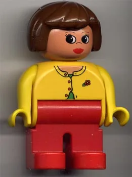 Duplo-Figur, weiblich, rote Beine, gelbe Bluse mit roten Knöpfen, braune Haare