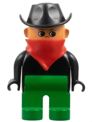 Duplo-figuur, mannelijk, groene benen, zwart bovenstuk, rode sjaal, cowboyhoed (slechterik uit het Wilde Westen)