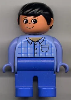 Duplo-Figur, männlich, blaue Beine, blau-kariertes Oberteil mit Tasche, schwarze Haare