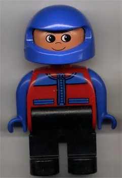 Duplo-Figur, männlich, schwarze Beine, rot-blaue Jacke mit Reißverschluss, blauer Rennhelm