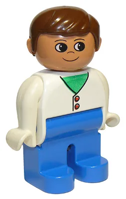 Duplo-Figur, männlich, blaue Beine, weiße Strickjacke mit zwei Knöpfen, braunes Haar (75466)