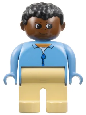 Duplo-Figur, männlich, hellbraune Beine, blaue Jacke mit Reißverschluss, schwarze lockige Haare, brauner Kopf