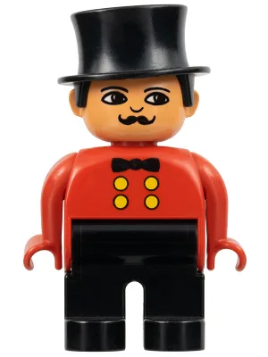 Duplo-Figur, männlich, schwarze Beine, rotes Oberteil, Zylinder (Zirkusdirektor)