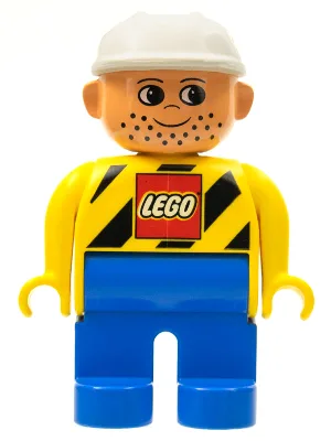 Duplo-figuur, mannelijk, blauwe benen, geel bovenstuk met LEGO-logo op zwarte waarschuwingsstrepen, witte bouwhelm (4120077)