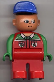 Duplo-Figur, männlich, rote Beine, rotes Oberteil mit Octan-Logo, schiefer blauer Hut