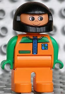 Duplo-Figur, männlich, orange Beine, oranges Oberteil mit Rennreißverschluss, grüne Arme, schwarzer Helm