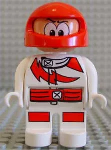 Figurine Duplo, Wheeler masculin, jambes blanches, haut blanc avec éclair et lignes rouges de course, casque rouge avec grands yeux (4141889)