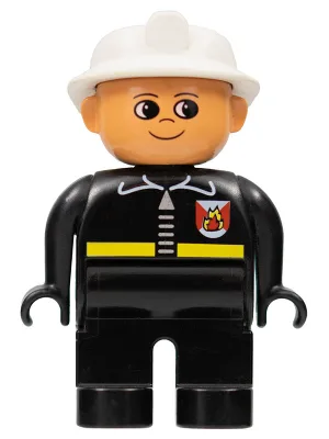 Duplo Figur, männlicher Feuerwehrmann, schwarze Beine, schwarzes Oberteil mit Feuerwehrlogo und Reißverschluss, weißer Feuerwehrhelm (75600)