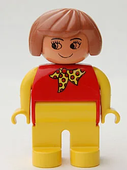 Duplo-figuurtje, vrouwelijk, gele benen, rode top met geel-rode stippensjaal, gele armen, Fabuland-bruin haar, zonder neus