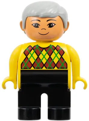 Figurine Duplo - Homme adulte, jambes noires, haut jaune à motif losanges, cheveux gris clair, tête couleur nougat (75499)