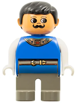 Duplo-Figur, männlich, dunkelgraue Beine, blaues Oberteil mit goldener Halskette und Gürtel, Schnurrbart (4171807)