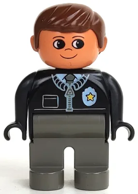 Duplo-Figur, männlicher Polizist, dunkelgraue Beine, schwarzes Oberteil mit Reißverschluss, Krawatte und Dienstmarke, braune Haare