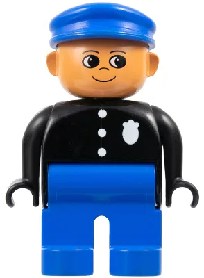 Figurine Duplo, Policier - Homme, Adulte, Jambes bleues, Haut noir à boutons et motif d'insigne, Chapeau bleu, Tête couleur nougat avec nez retroussé (75516)