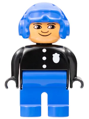 Duplo-Figur, männlicher Polizist, blaue Beine, schwarzes Oberteil mit 3 Knöpfen und Abzeichen, blauer Fliegerhelm und Nasenbügel