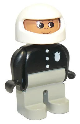 Figurine Duplo, policier (homme), jambes gris clair, haut noir à 3 boutons et insigne, casque de course blanc