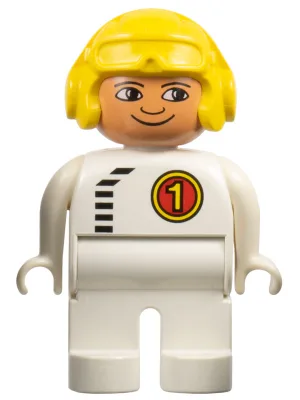 Duplo-Figur, männlich, weiße Beine, weißes Oberteil mit schwarzem Reißverschluss und Rennfahrernummer 1, gelber Fliegerhelm