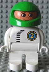 Duplo-figuur, mannelijk, witte benen, wit shirt met zwarte rits en racer #2, groene helm